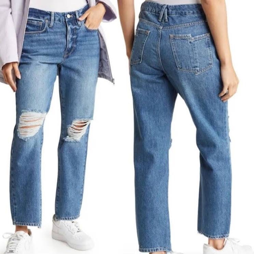 GOOD AMERICAN Good Vintage High Rise Straight Leg Jeans Indigo 043 Distressed